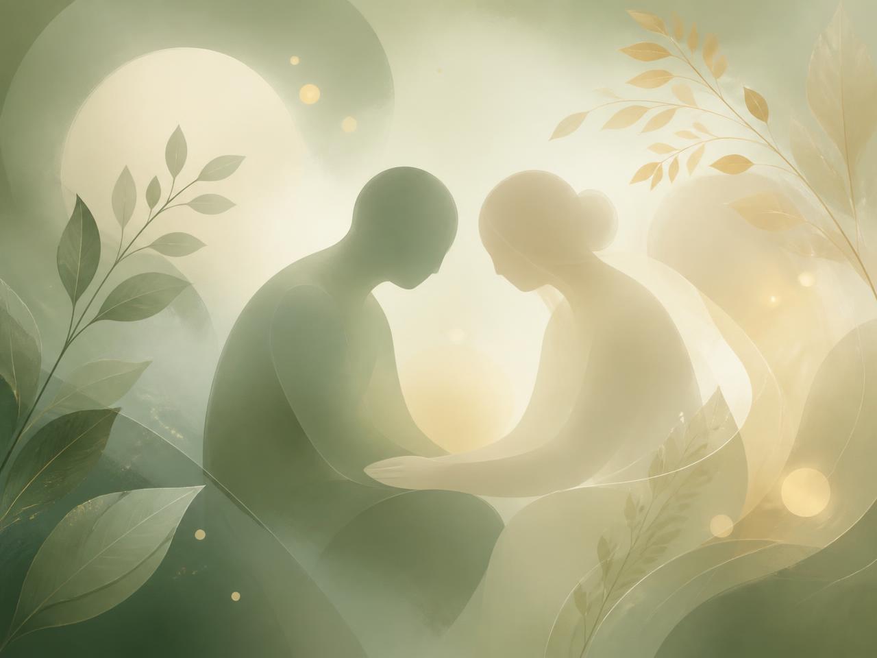 Two soft silhouettes sitting together in a calm green space, representing gentle listening
